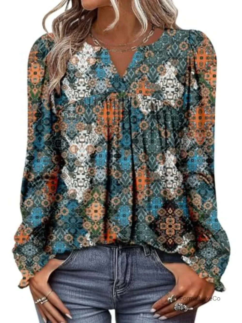 Puff Long Sleeve Tunic Top V Neck Pleated Blouse Women Dressy Casual Pullover